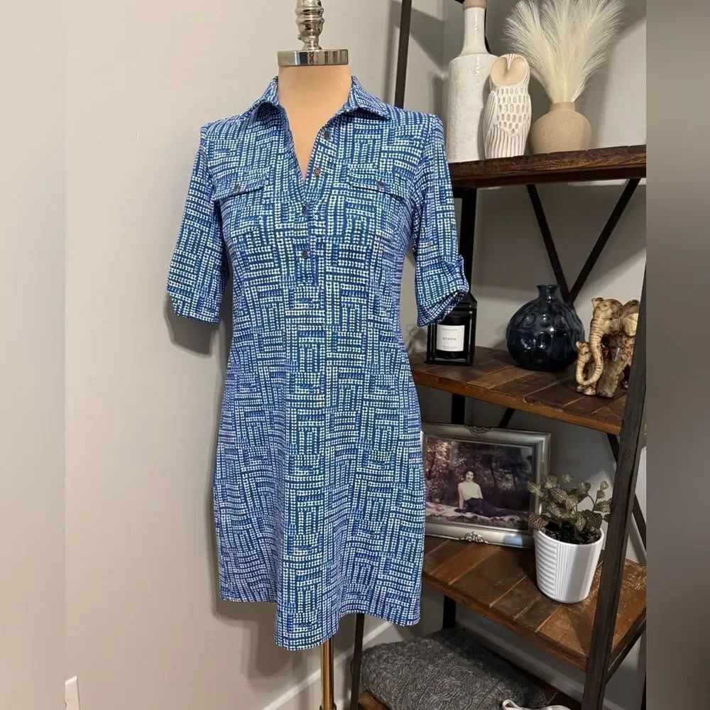 J McLaughlin Blue Collared Catalina Cloth Geometric Stretch Dress XSmall